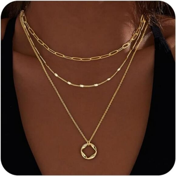 Layered Gold Necklace Set Dainty Paperclip Chain Cross Circle Pendant Jewelry - Picture 1 of 8